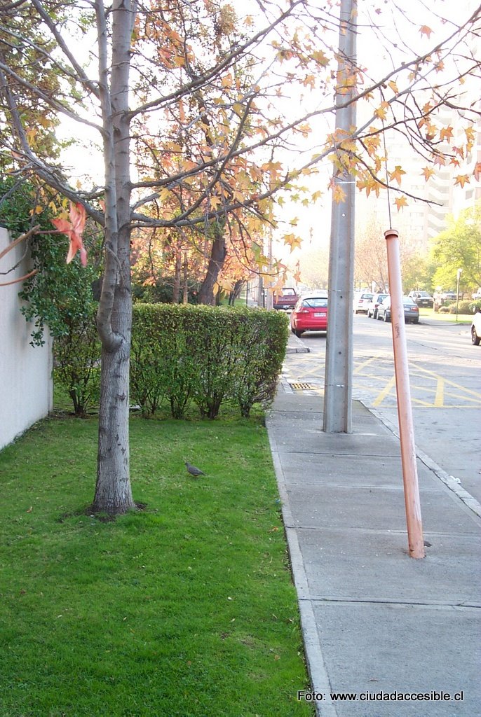 Vereda con poste y tirante, no queda espacio para una silla de ruedas