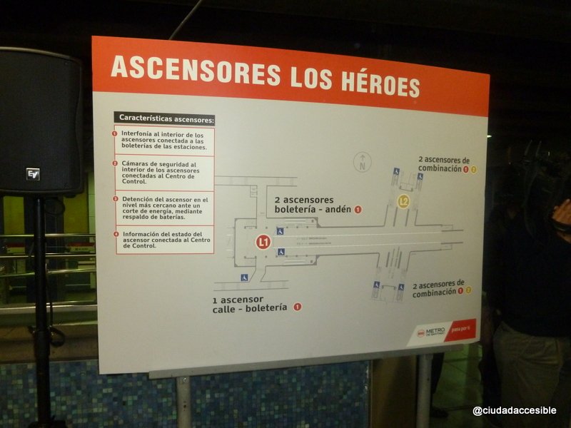 Detalle de ascensores y ruta accesible en estación Los Héroes
