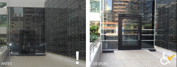 Antes y después acceso a edificio Apoquindo 6410