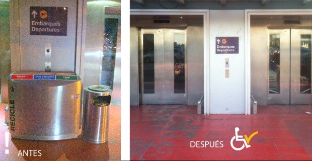 Antes y después retiro basurero frente a botonera ascensor aeropuero AMB
