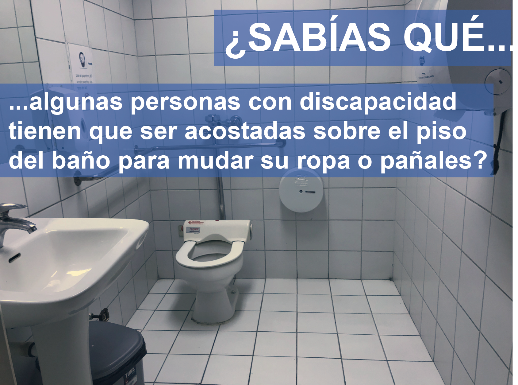 foto de un baño con el texto ¿sabías qué algunas personas con discapacidad tienen que ser acostadas sobre el piso del baño para mudar su ropa o pañales?s