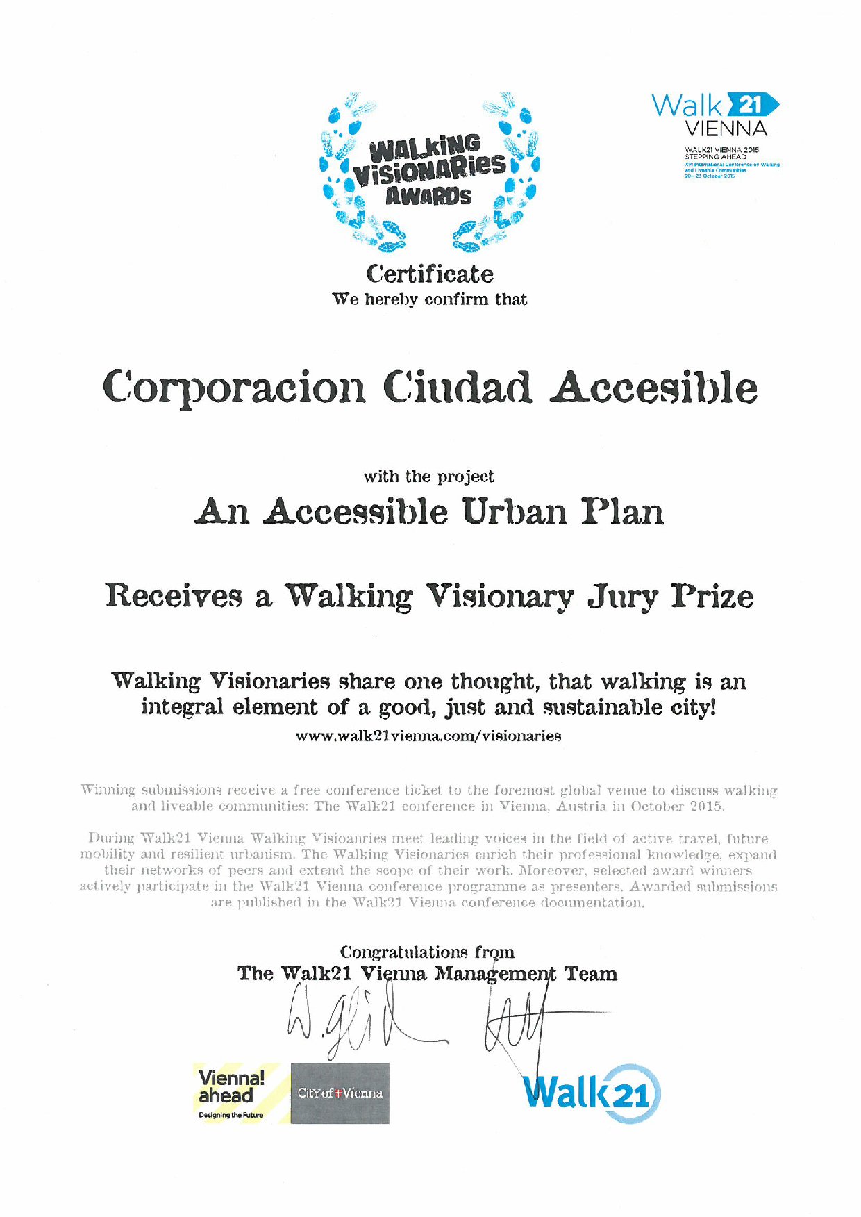 Ciudad Accesible recibe premio en Concurso Internacional | Walk21 Viena