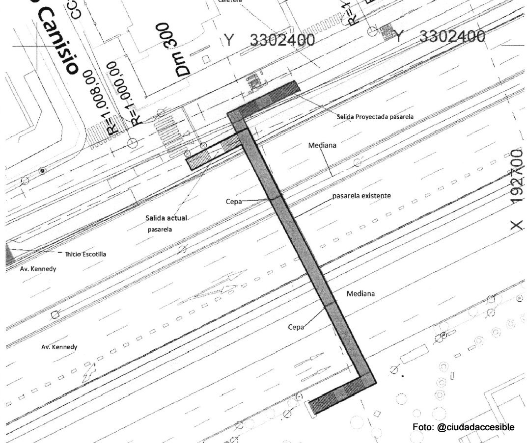 plano donde se ve la pasarela dibujada con escaleras sector por proyecto AVO