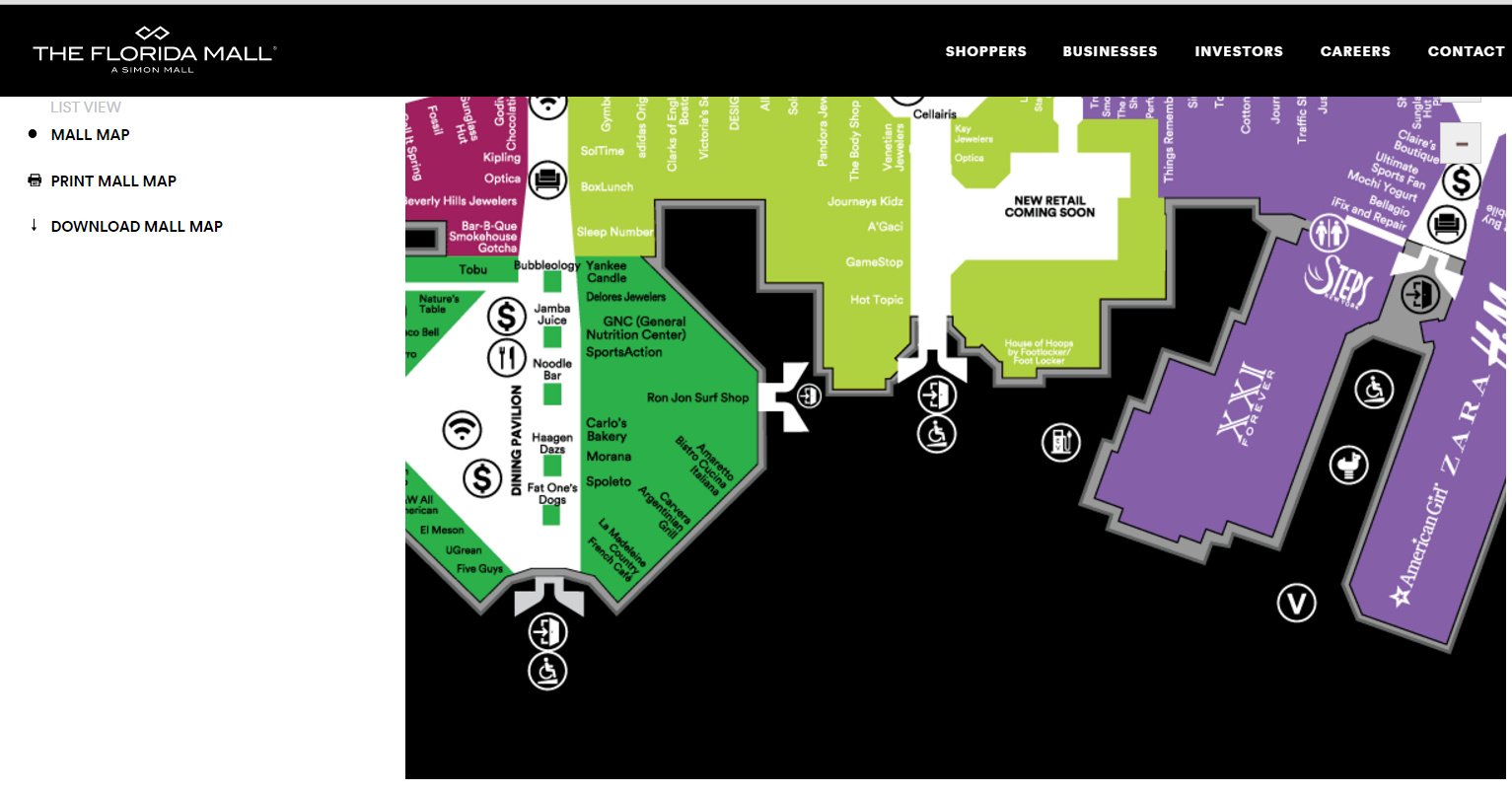 Impresión de pantalla: Mapa general que incorpora informacion de accesibilidad | The Florida Mall