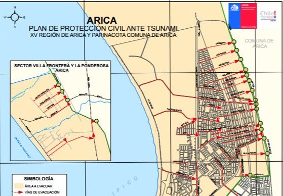 Arica Plano de evacuación muestra zonas inundables