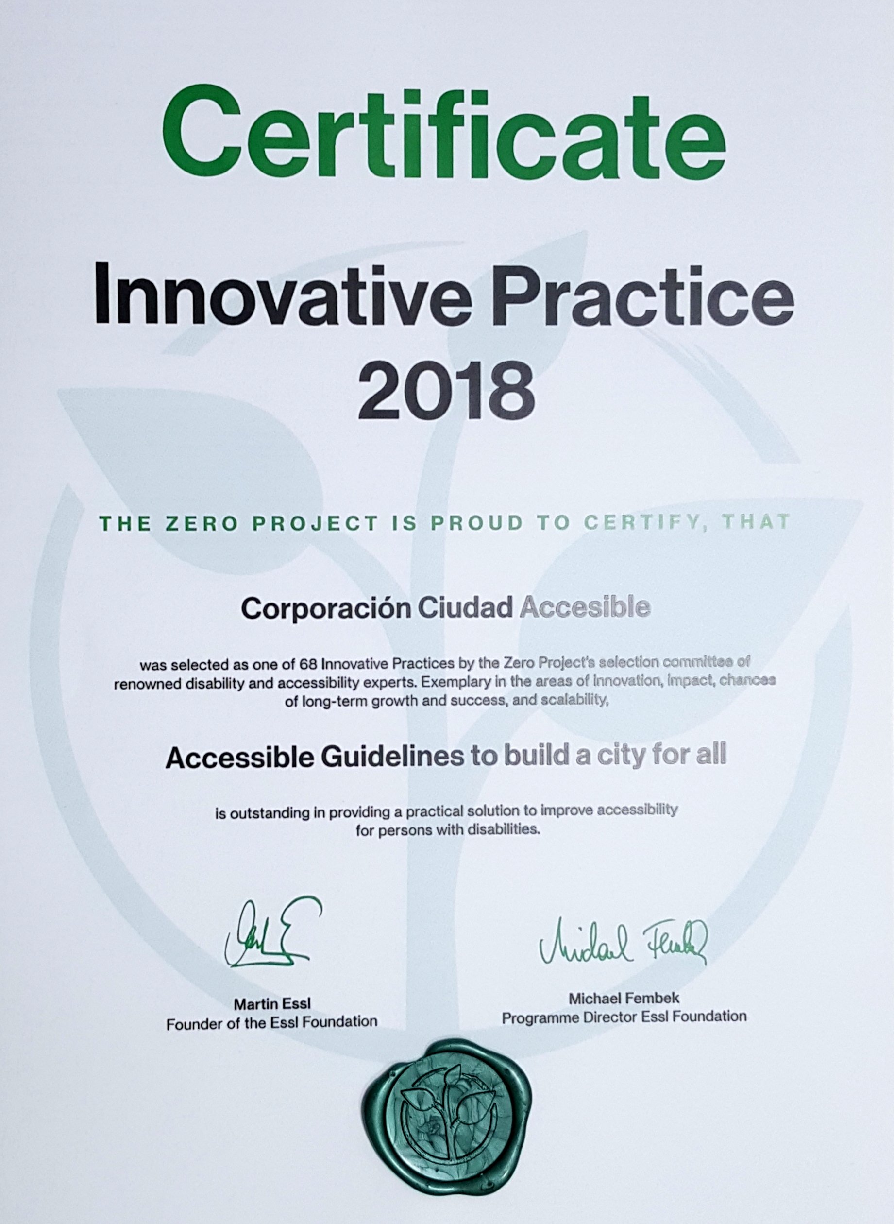 Certificado práctica innovadora en accesibilidad