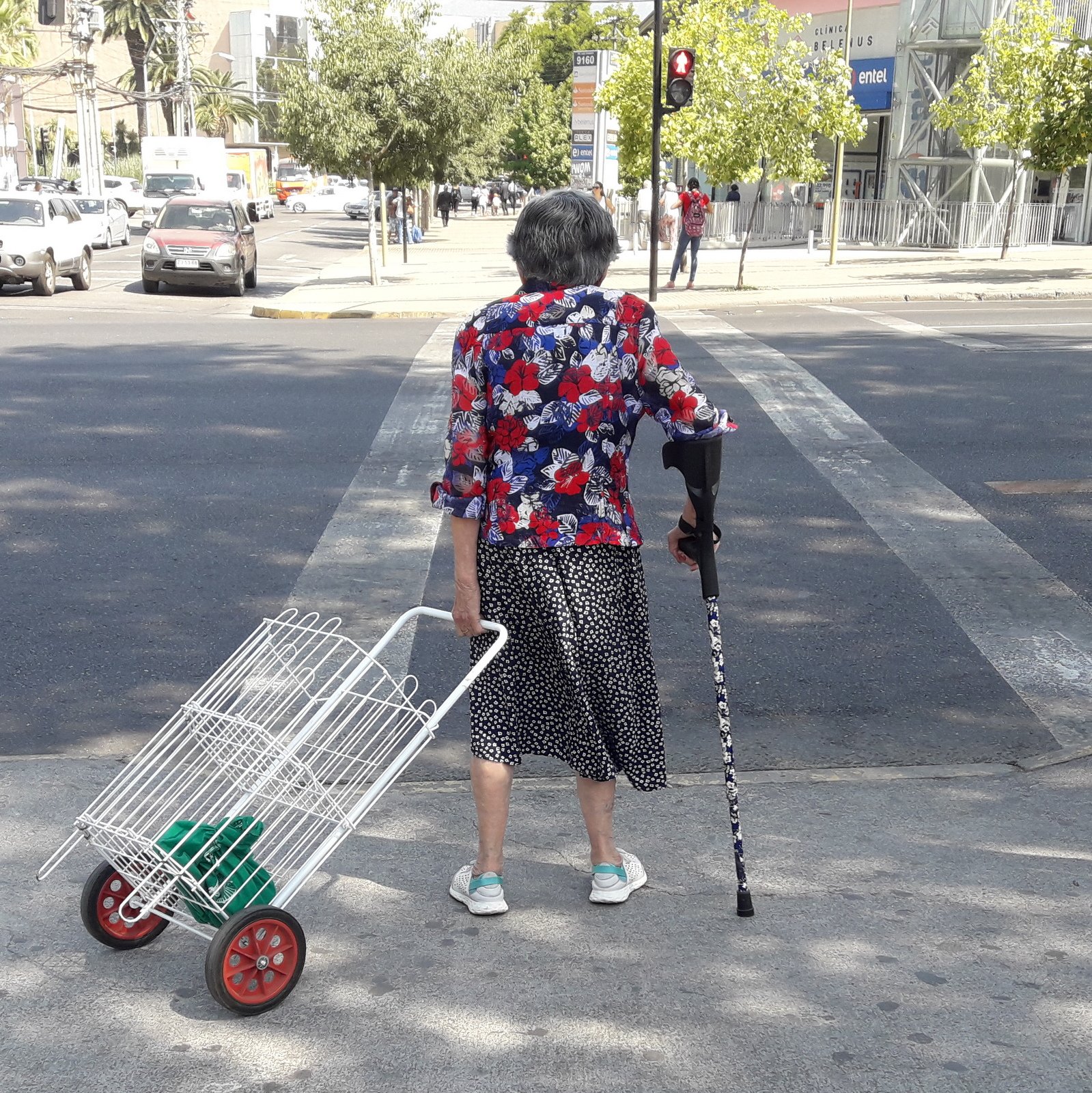 Persona mayor con bastón y un carro de compras enfrentando un cruce peatonal