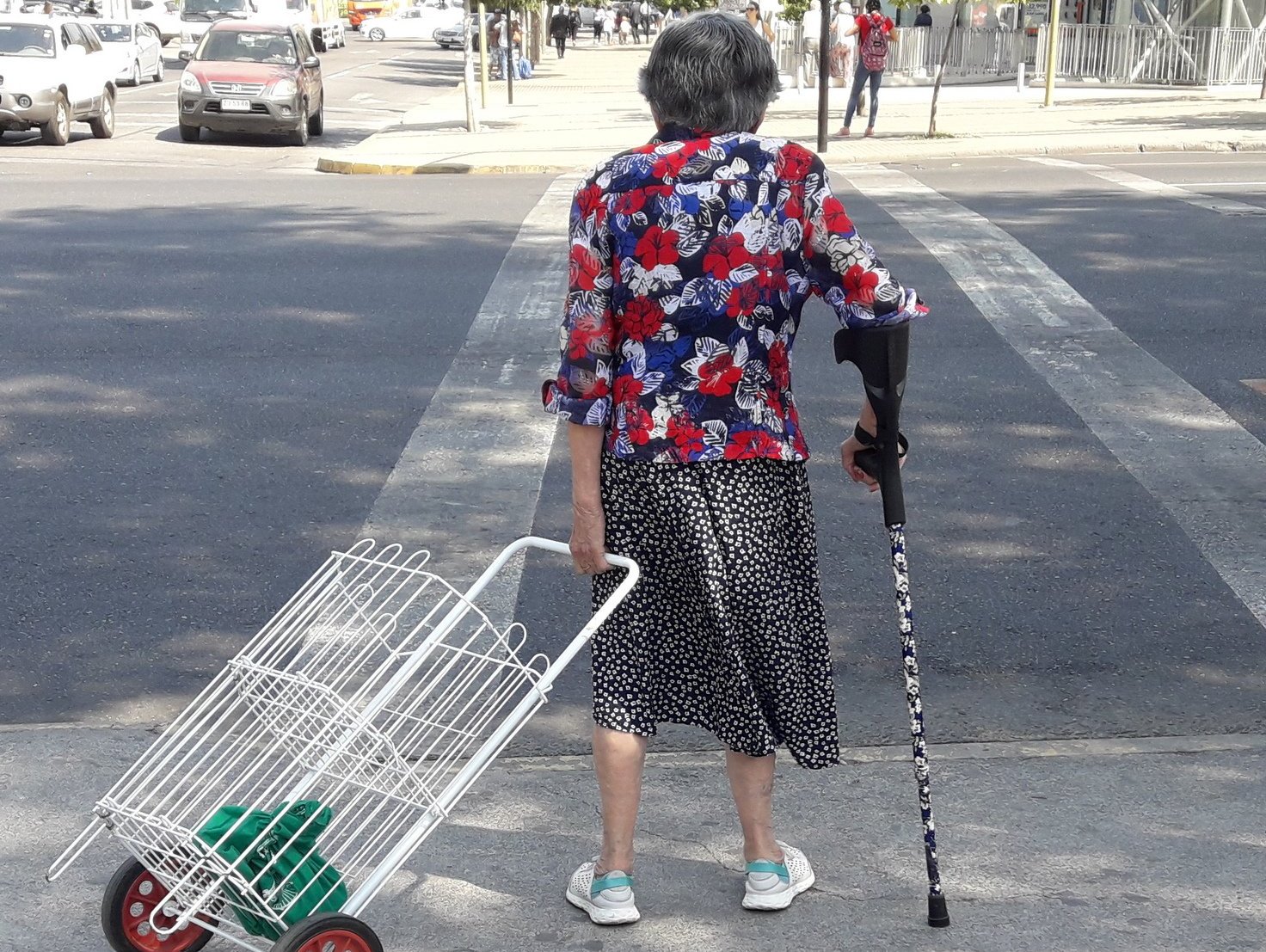 Persona mayor con bastón y un carro de compras enfrentando un cruce peatonal