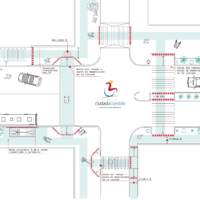 Dibujo de una intersección vista en altura con su ruta accesible y cruces peatonales