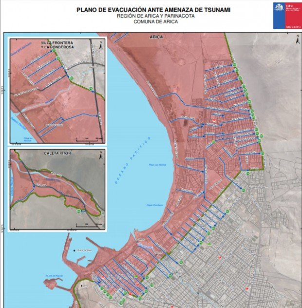 Plano de evacuación ante amenaza de tsunamis región de Arica y Parinacota