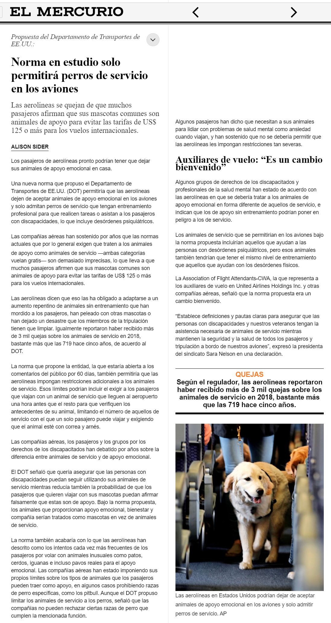 Propuesta del Departamento de Transportes de EE.UU. Norma en estudio solo permitirá perros de servicio en los aviones