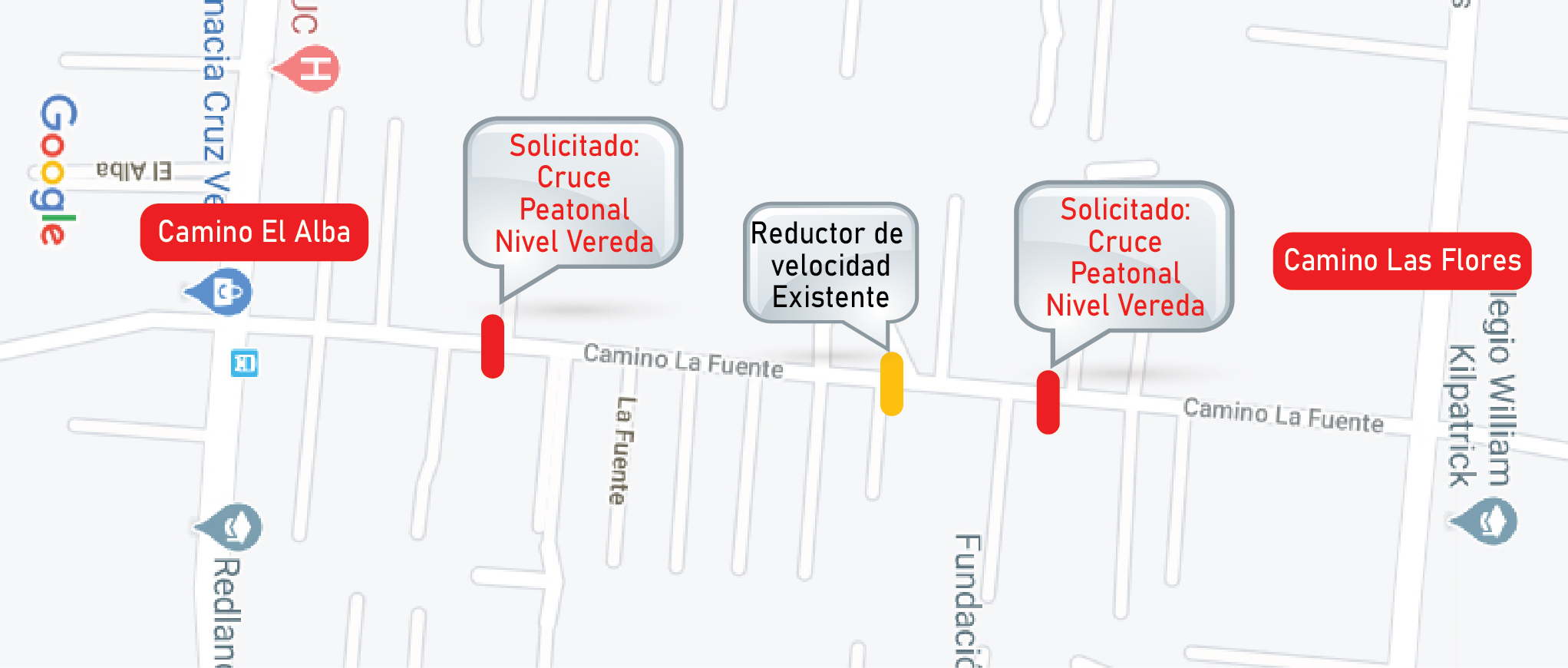 Mapa muestra una calle y los lugares donde se está solicitando la instalación de cruces peatonales a nivel vereda