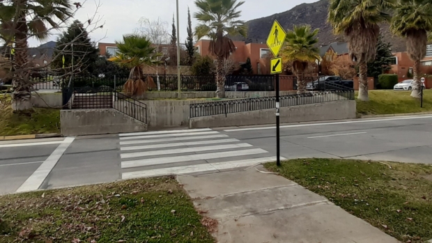 cruce peatonal demarcado entre una vereda y una calle separados por una altura considerable. Al cruce se accede por una rampa que comunica la vereda con la calzada.