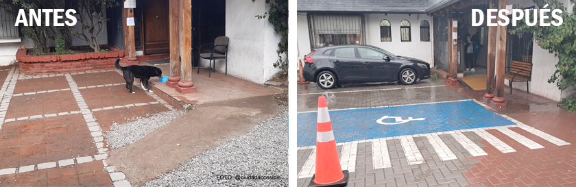 NOTARIA ANTES Y DESPUES dos fotos muestran el antes y el después del acceso a una notaría. Se eleva el pavimento del patio, se demarca un estacionamiento y se instala una rampa en el peldaño de la puerta.