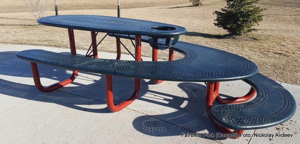 Mesa picnic incorpora una silla de niños y dos niveles para el uso de niños o adultos más un espacio para silla de rueda Fairchild Park Foto Nickolay Avdeev