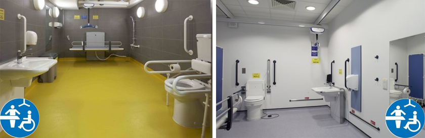 Dos fotografías muestran baños con camilla y ducha según los estándares de Changing Places. Las fotos llevan el logo del consorcio que promueve estos baños en el mundo