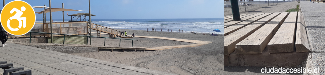 Rampa de acceso a acceso a la playa y detalle del inicio de la rampa con un desnivel en su acceso