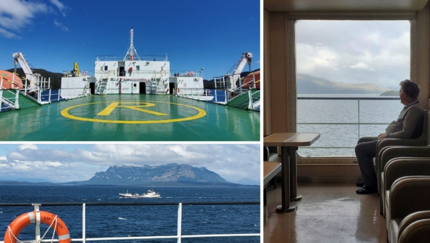 3 fotos muestran la cubierta, el interior y una vista a los fiordos