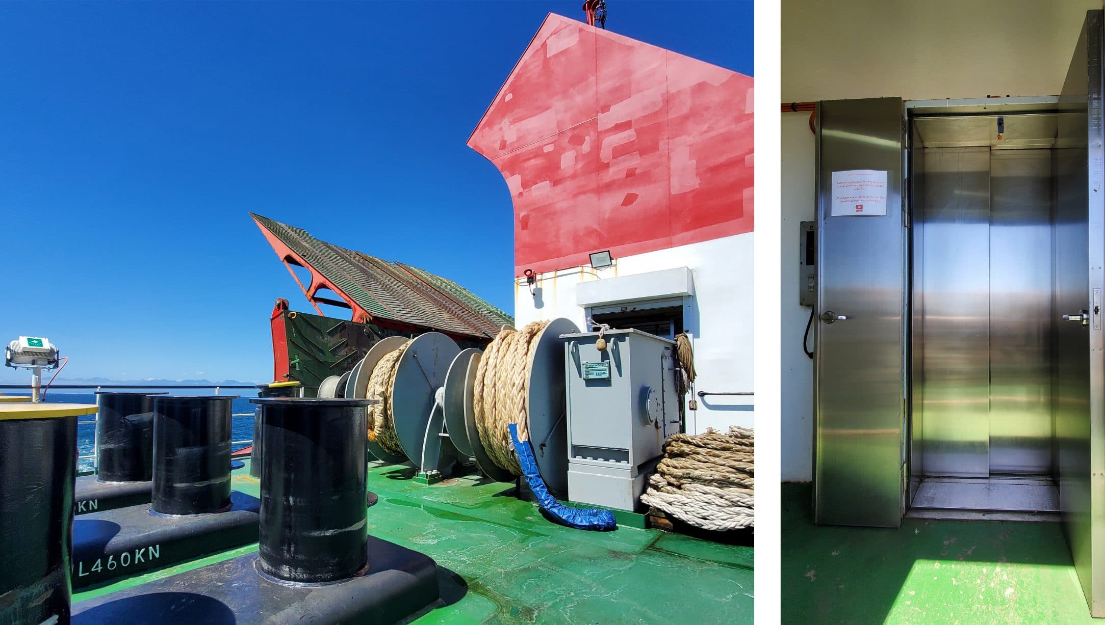 dos fotos muestran la cubierta del barco y el ascensor de ingreso