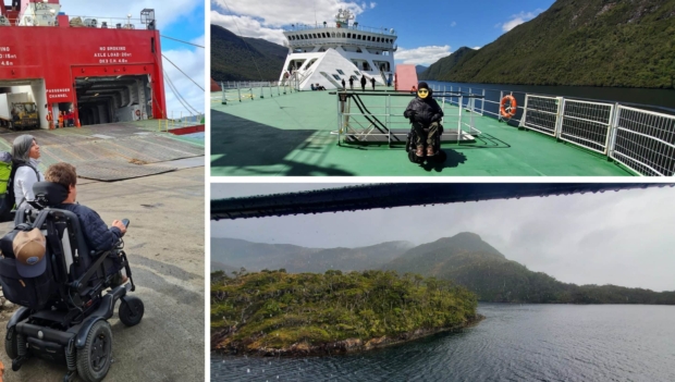 3 fotos muestran la rampa de embarque de camiones y personas al ferry navimag, la cubierta y un paisaje de los fiordos sureños por donde navega el barco