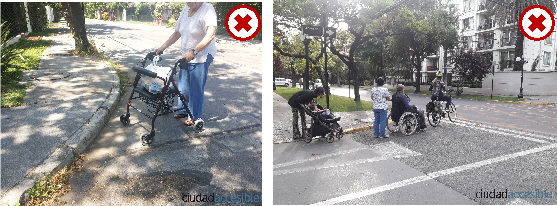 Una foto muestra a una mujer con un burrito cruzando la calzada sin rebaje peatonal y la segunda varias personas esperando cruzar sin demarcación en la calzada