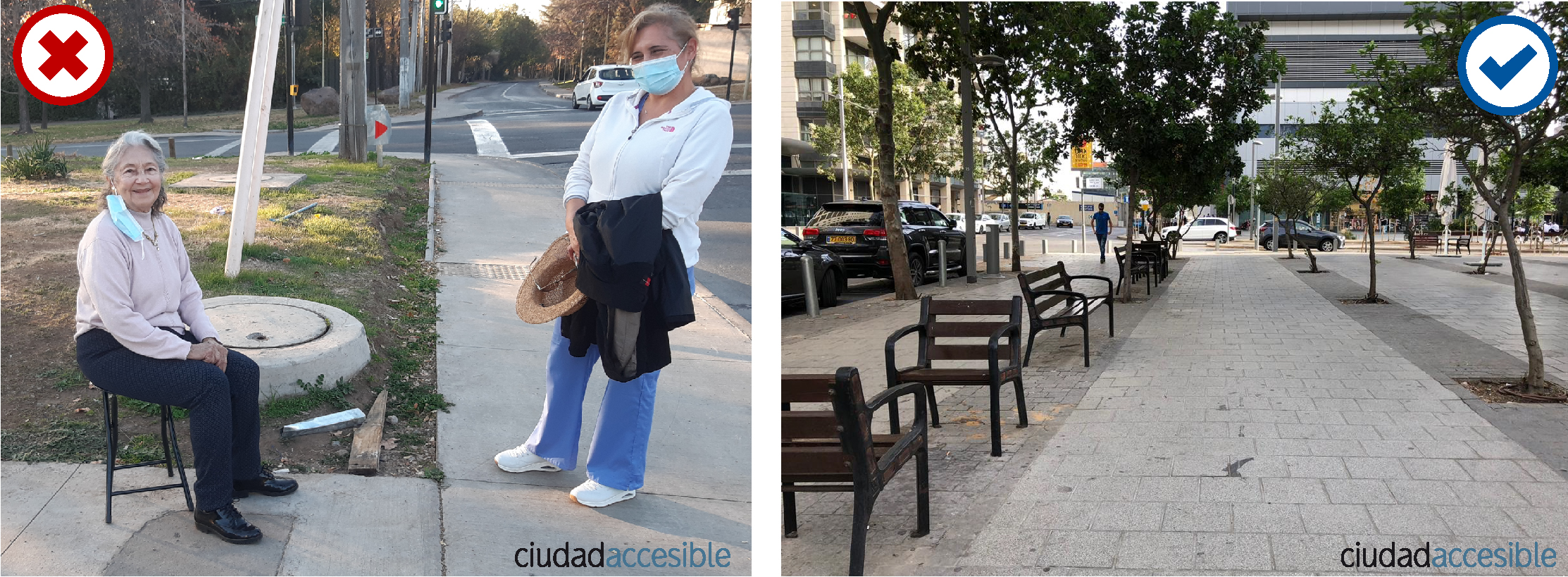 foto de una mujer sentada en un asiento portatil que transporta para su descanso en la vereda y otra foto de varios asientos individuales instalados en el espacio público