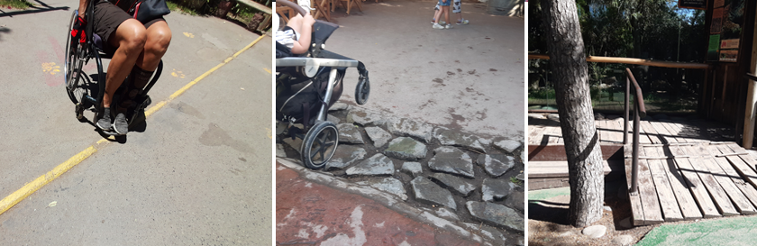 3 fotos muestran el estado de circulaciones y rampas, en la primera una línea amarilla previene de un pequeño desnivel, la segunda muestra la unión de dos pavimentos con piedras irregulares y anchos surcos entre ellas y la tercera una rampa con tablas en sentido longitudinal en mal estado.