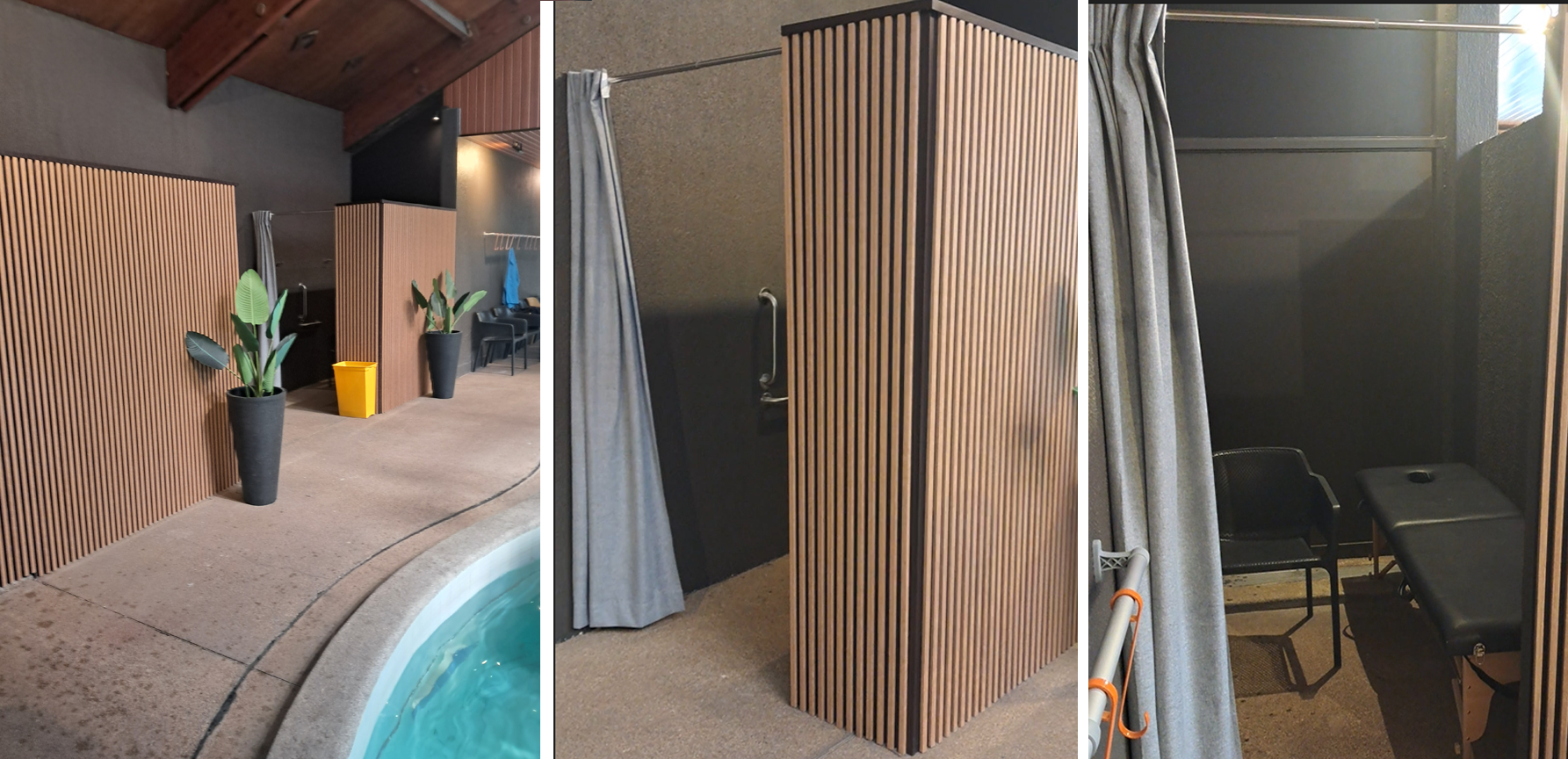 Se muestra el acceso a dos camarines en el área de piscina y el interior de ellos con una camilla y silla de apoyo.