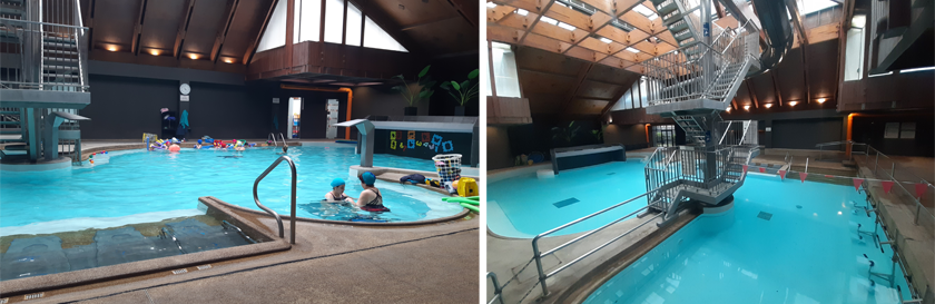 Personas disfrutan en el interior de una gran piscina con formas redondeadas. La segunda foto muestra una escalera en el centro de la piscina que sube hacia un tobogán que se desliza hasta el agua