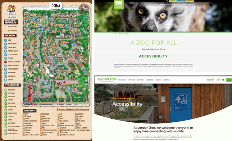 Plano del Buin Zoo y al lado dos pantallazos como ejemplos de páginas web de zoológicos que informan en una pestaña las condiciones de accesibilidad del lugar.