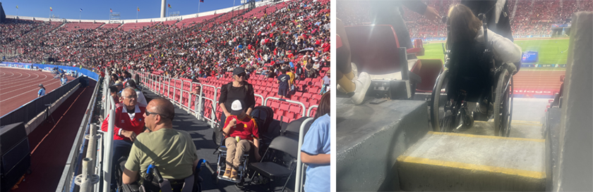 Se muestra el sector de espectadores en silla de ruedas en el estadio nacional y en la foto derecha  el lugar enfrentando una escalera y pasillo de circulación.