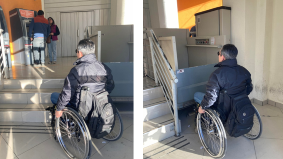 Un hombre en silla de ruedas se enfrenta a tres peldaños que lo separan de un cajero automático