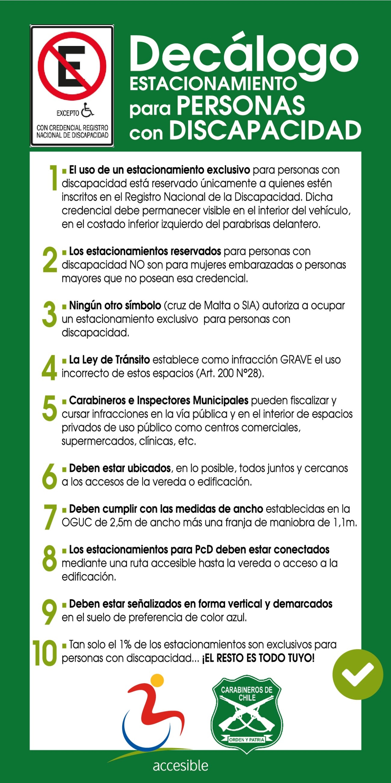 decálogo con los 10 requisitos para hacer un uso correcto de los estacionamientos para personas con discapacidad