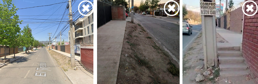 Tres fotos muestran la vereda elevada respecto a la calzada