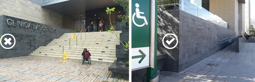 Dos fotos, en la primera una joven en silla de ruedas abajo de una gran escalera de acceso a la clínica Las Condes. La foto siguiente muestra el inicio de una rampa en el mismo lugar