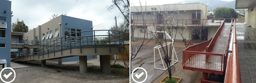 Dos fotos muestran rampas que comunican el primer con el segundo piso de un edificio deportivo y de un colegio.