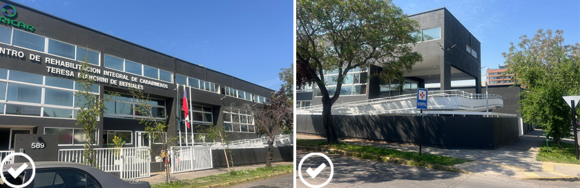 Dos fotos muestran la fachada del centro de rehabilitación de carabineros y otra vista desde la esquina donde se ve la rampa que sube al segundo piso.