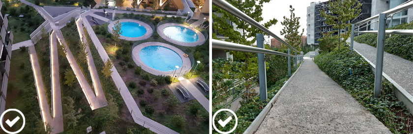 Dos fotos. En una se ven rampas en zig zag que comunican un edificio con el sector de 3 piscinas redondas. La otra foto muestra un detalle de los pasamanos de la rampa.