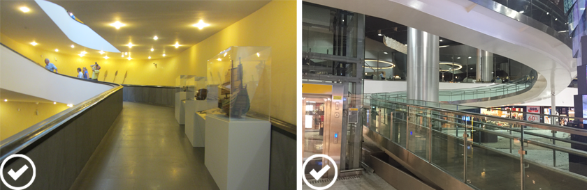 Dos fotos muestran rampas helicoidadales o curvas una en el interior d eun museo con objetos expuesto en el costado y la segunda en un aeropuerto.