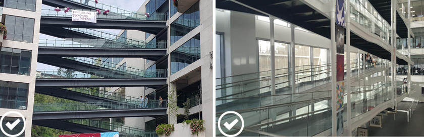 Dos fotos muestran circulaciones en rampa entre diferentes pisos de edificios