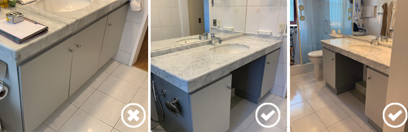 La foto 1 muestra un vanitorio con puertas en su parte inferior. La foto 2 el mismo vanitorio al que se le retiraron las puertas del medio para dejar espacio en la parte inferior d eéste. En la foto 3 se ve el receptáculo de ducha.