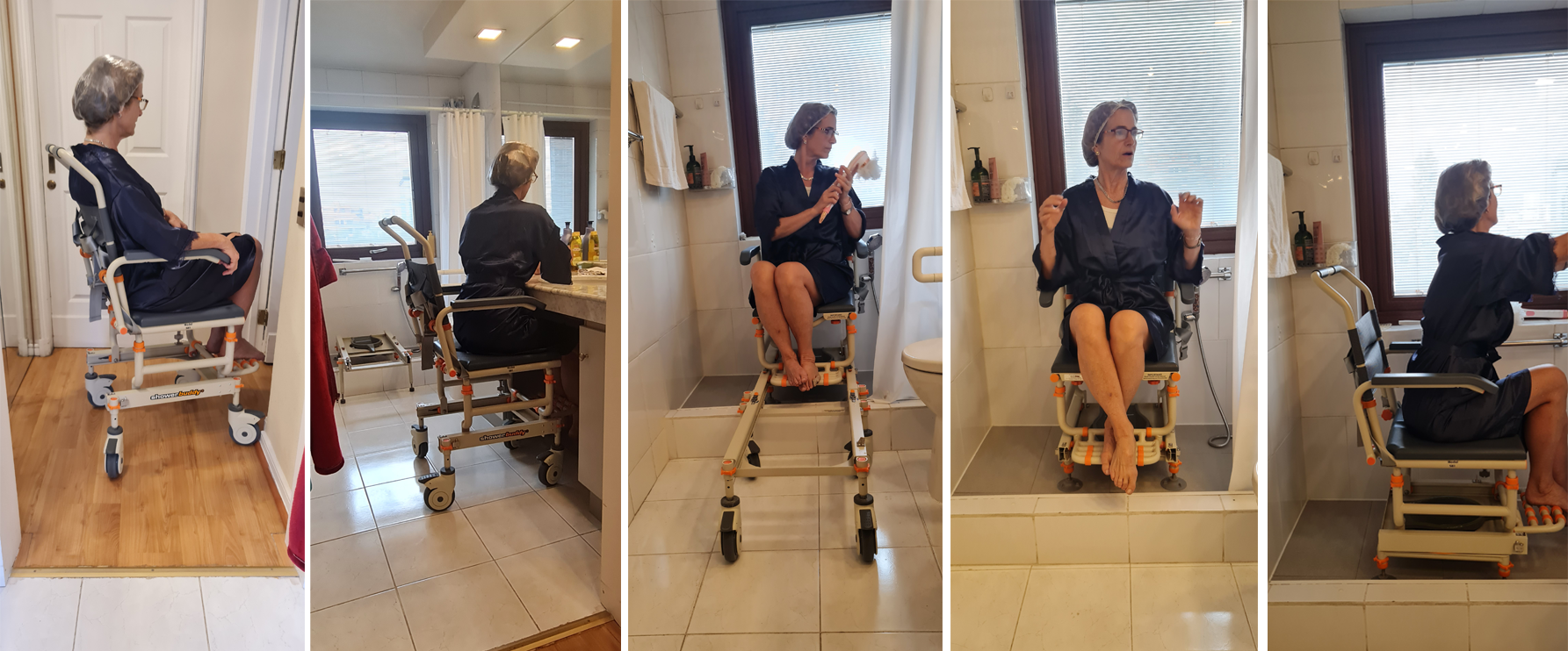 4 fotos muestran la secuencia de una silla de ruedas que ingresa al receptáculo de la ducha a través de un riel