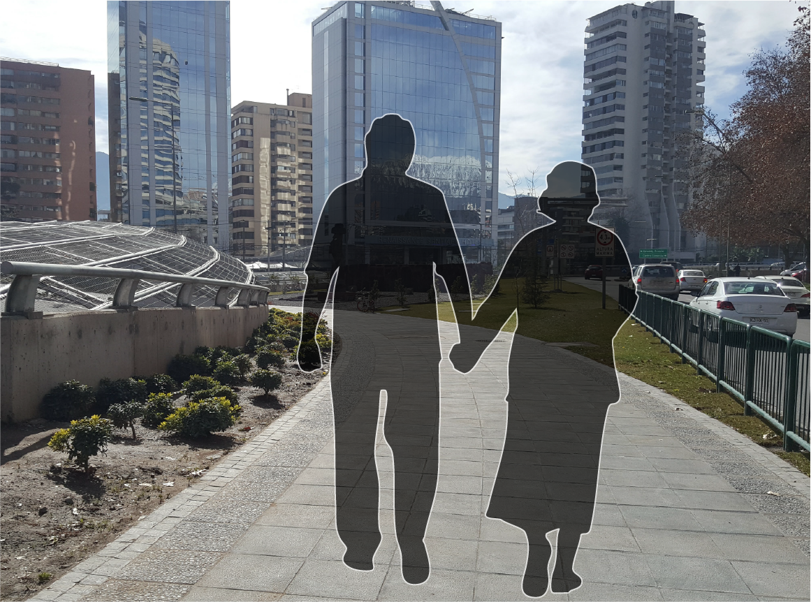 silueta en transparencia de dos personas mayores sobre la foto de una ciudad