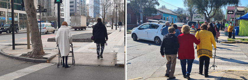 Foto 1 muestra una mujer mayor ayudada por un burrito alcanzando el rebaje de la calzada para acceder a la vereda. La foto 2 muestra a dos mujeres mayores y un joven todos tomados del brazo a punto de cruzar una calle.