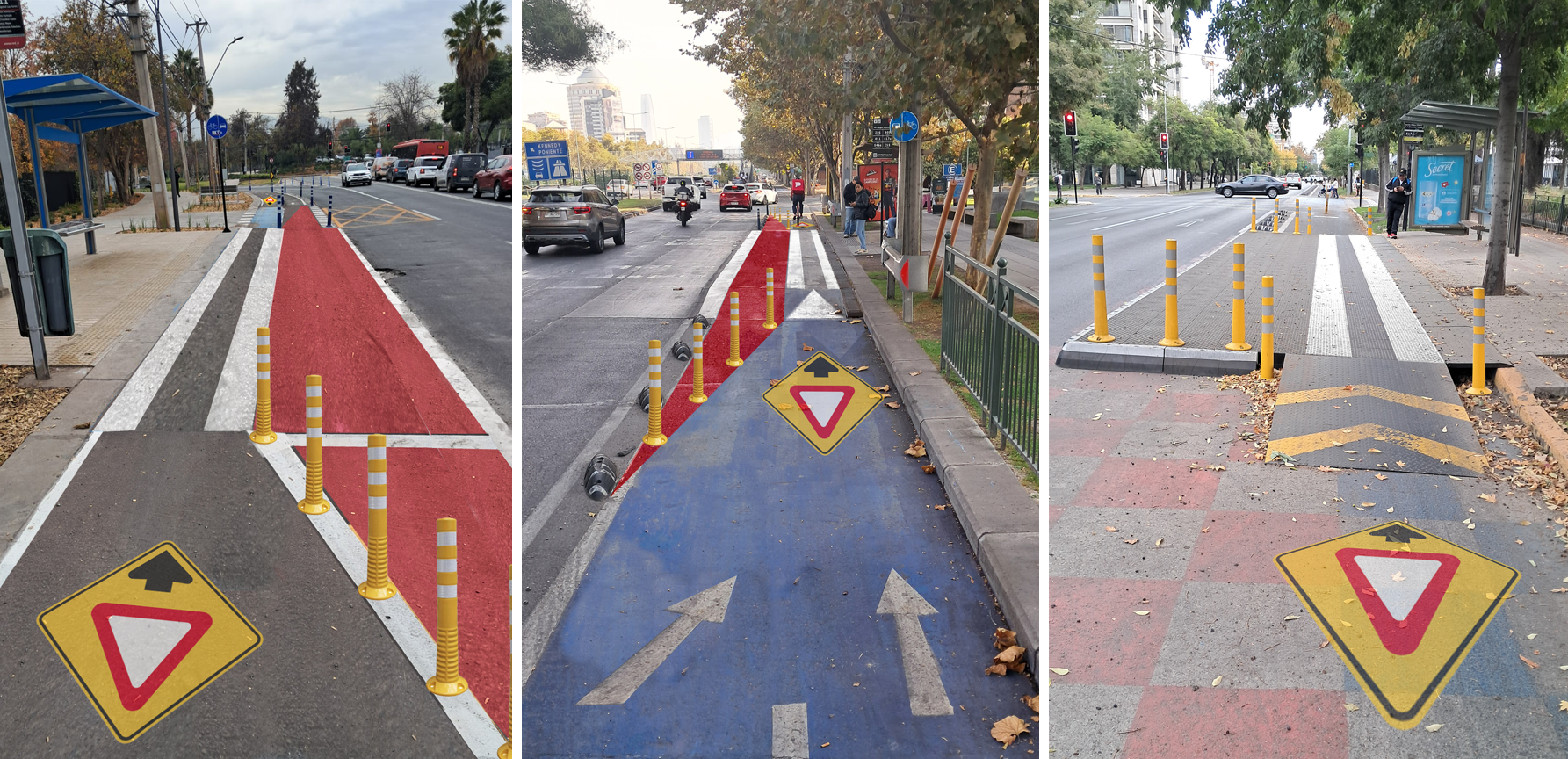 Las 3 fotos anteriores fueron modificadas para indicar las soluciones con pintura y elementos verticales que dan mayor protección al peatón sobre el andén.