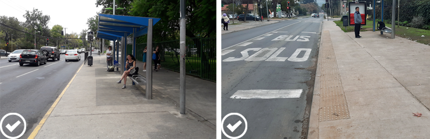 Se ven dos fotos que muestran paraderos con un andén amplio y sin obstáculos. Todos pueden ascender o descender en un área despejada