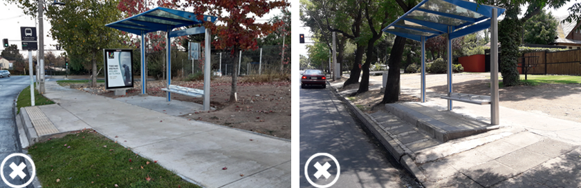 Se ven dos fotos que muestran paraderos con un andén donde solo se podrá alinear la primera puerta del bus. La segunda puerta llega a una zona desnivelada con pasto y en la segunda foto a un pavimento con pendiente hacia la calzada.