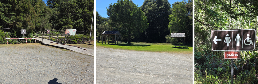 Tres fotos muestran el estacionamiento señalizado con el símbolo SIA en un letrero vertical, dos instalaciones con mesas de picnic y la señalización hacia los baños