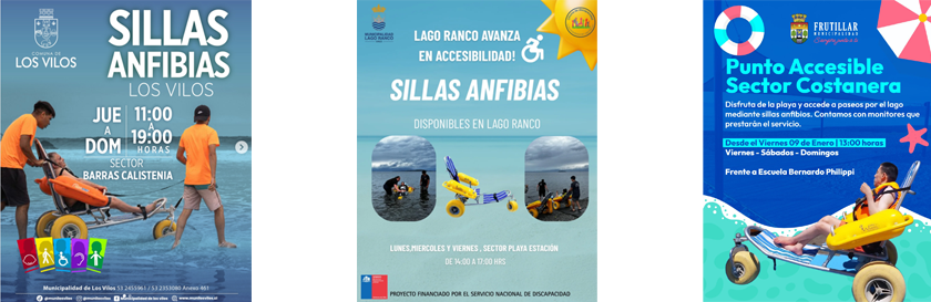 Tres volantes de las municipalidades de Los Vilos, Lago ranco y Frutillar promocionan los servicios de sillas anfibias en sus playas accesibles.