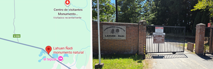 Plano del camino hacia la entrada al parque y foto del portón de acceso